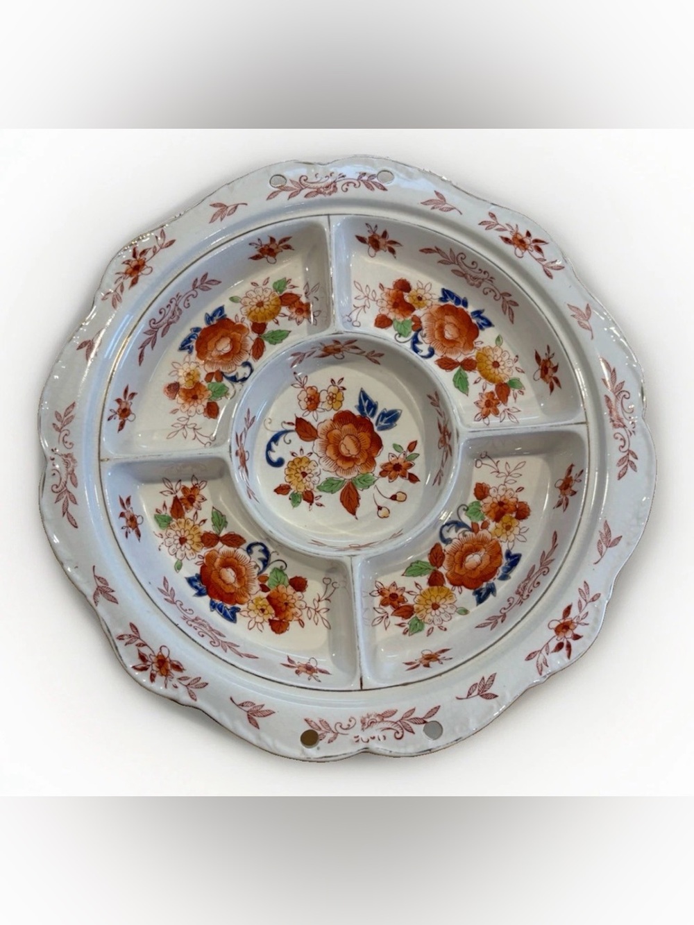 Vintage Japanese China Divided Serving Dish Hand Painted Floral Cottagecore